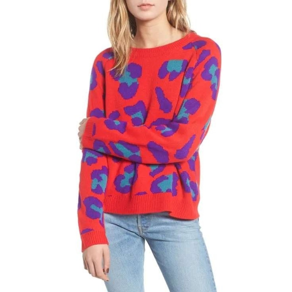 NWT BLANKNYC Sweater Womens M Red Purple Leopard Print Crewneck Knit‎ Maximalist